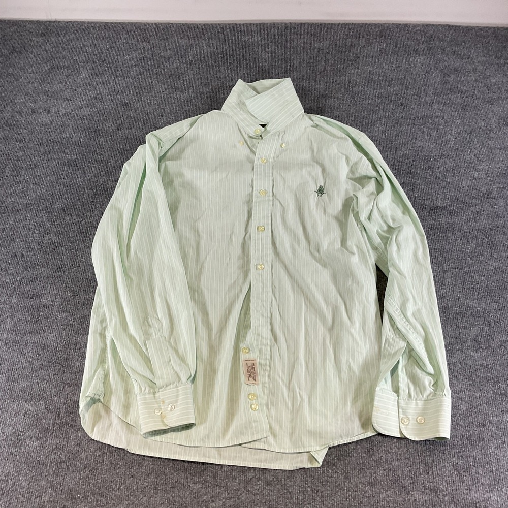 Paul Stuart Mens L Green White Striped Button Down Shirt Cotton USA Made Logo
